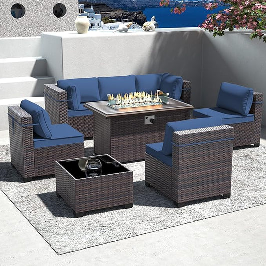 Outdoor Patio Furniture Set with Gas Fire Pit Table, 8 Pieces Outdoor Furniture Set Patio Sectional Sofa w/43in Propane Fire Pit, PE Wicker Rattan Patio Conversation Sets (Dark Blue)