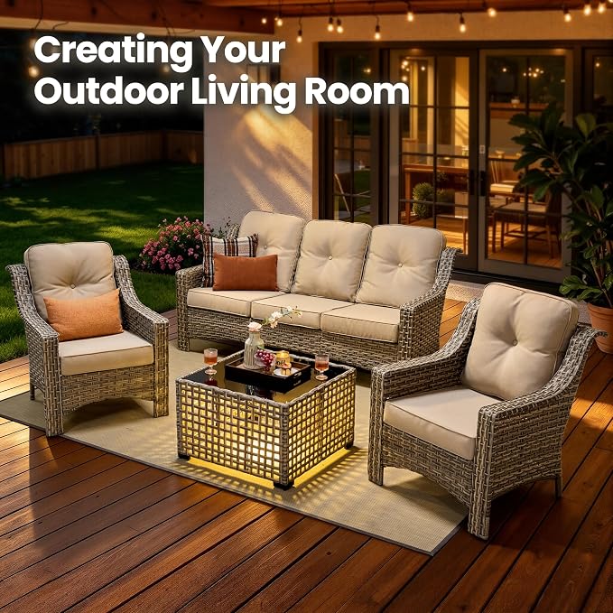 4 Piece Patio Furniture Set with Solar Light Coffee Table, Heavy Duty Wicker High Back Sofa Chairs with Thick Cushion, Small Outdoor Conversation Sets for Backyard Garden Porch, Beige