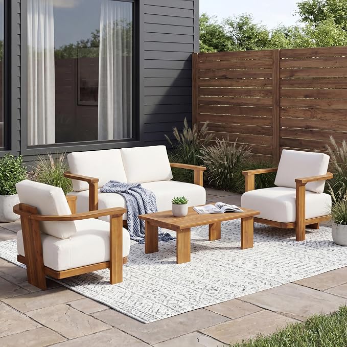 Christopher Knight Home Stella Acacia Wood 4 Piece Patio Furniture Set, Wooden Patio Conversation Set with Club Chair+Coffee Table, 4-Seater Outdoor Loveseat Sofa + Armchair and Table Set, Teak+Beige