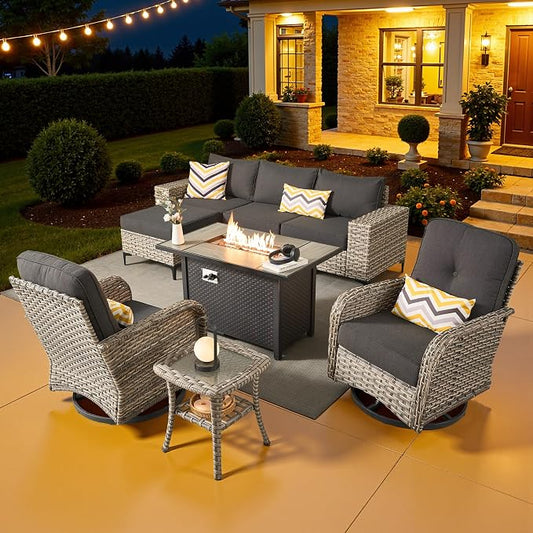 8 Pcs Patio Outdoor Furniture Set - All Weather Wicker Outdoor Sectional Sofa Couch with Swivel Fire Pit Table and Rocking Chairs e,Patio Rattan Conversation Set for Garden Deck Yard,Black