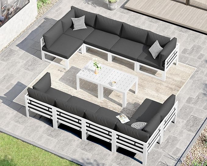NICESOUL 12 Piece Oversized Modular Aluminum Outdoor Furniture Set with Side Table, 29" Deep and Wide Sectional Seating, 500 lbs High Weight Capacity Patio Conversation Set for Poolside, Dark Gray
