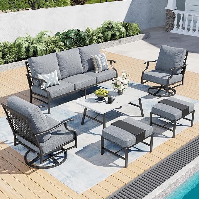 SUNSHINE VALLEY 6 Piece Metal Outdoor Patio Furniture Set, Patio Conversation Sets 1 3-seater Sofa, 2 Swivel Chair, 2 Ottomans with 5.75" Thick Cushion and Coffee Table, Black Backyard Furniture, Gray