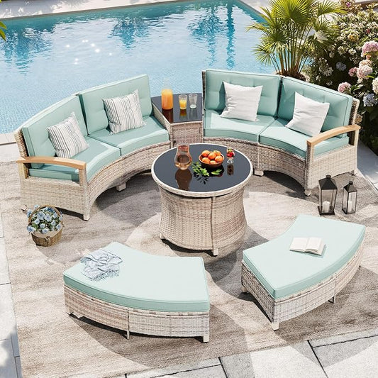 MEISSALIVVE 8-Piece Half-Moon Curved Outdoor Patio Furniture Set, Sectional Conversation Sofa with 2 Half-Moon Ottomans, Round Coffee Table for Backyard Deck Garden, Blue