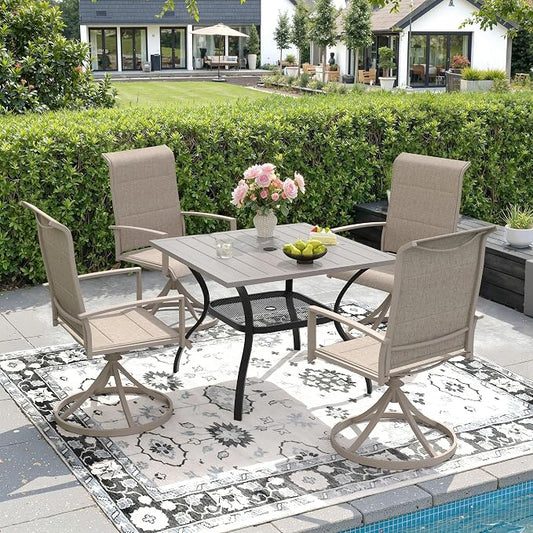 DIFY 5 Piece Outdoor Patio Dining Set for 4, 37.8" Grey Wood-Like Square Metal Dining Table & Swivel Patio Chairs with Sandshell Padded Textilene, All-Weather Outdoor Furniture Set for Garden Backyard
