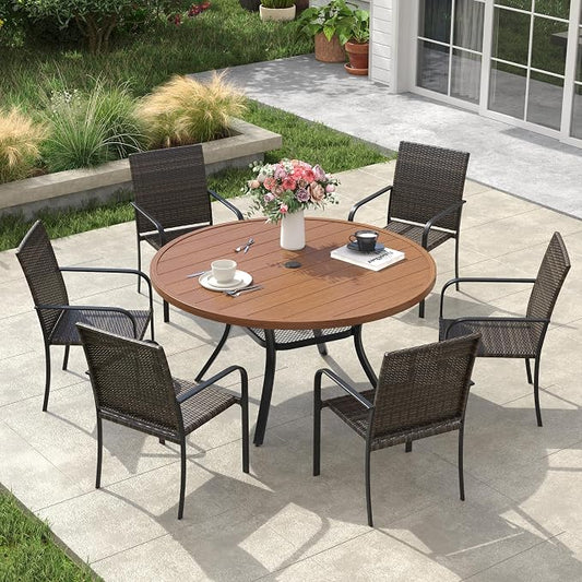 VICLLAX 7 Pieces Patio Dining Set, 6 Stakable Wicker Outdoor Chairs and 47" Patio Round Metal Table with Umbrella Hole for Backyard Lawn Deck, Walnut Tabletop
