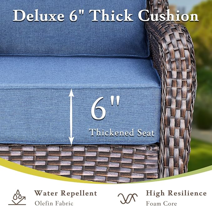 Luxury Outdoor Swivel Rocker Patio Chairs, High Back Patio Swivel Chairs with Side Table & 6-Inch Thick Cushions, Wicker Outdoor Bistro Set for Porch, Yard, Deck, Poolside, Brown/Blue