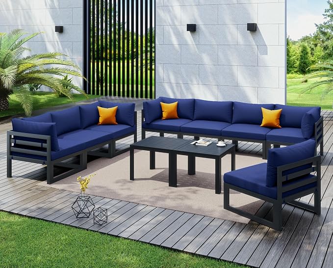 NICESOUL 10 Piece Oversized Modern Aluminum Patio Furniture Set, All Weather Rust Resistant Modular Sectional Sofa with Side Table, 500 lbs Heavy Duty Comfortable Outdoor Couch for Backyard, Navy Blue