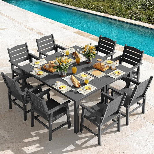 YEFU 10-Piece Patio Dining Sets: All-Weather Outdoor Table and Chairs Outside Furniture with Umbrella Hole & Aluminum Frame - HIPS Modern Patio Dining Set for 8 for Family Gatherings in Deck/Pool Grey
