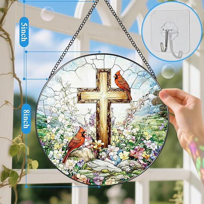 Stained Glass Window Hanging, 8" Cardinal Suncatcher, Christian Cross Window Hanging Decor, Religious Home Decor, Religious Gift, Christian Gift, Memorial Gifts, Sympathy Gifts for Loss of Loved One