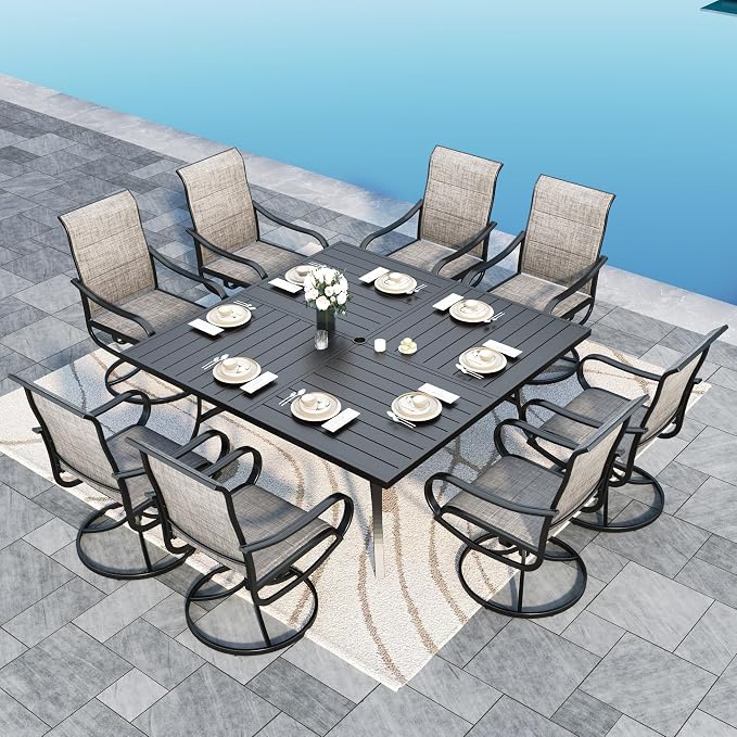 Sophia & William Patio Dining Set for 8, Metal Table & Padded Swivel Chairs | High-back chairs, Square, Umbrella Hole, Durable Material, Ergonomic design, weather resistant, Outdoor backyard deck