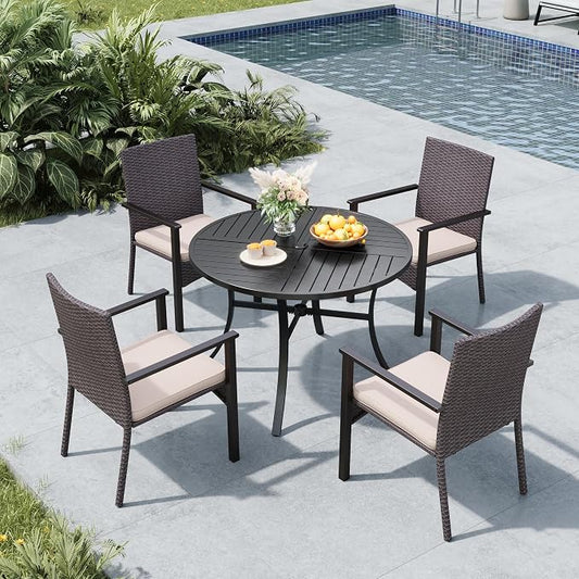 MFSTUDIO Patio Table and Chairs for 4, 5 Piece Outdoor Dining Set, Patio Round Table & Wicker Chairs, All Weather Outdoor Rattan Dining Furniture for Deck, Backyard