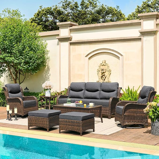 HILLGA Luxury Outdoor Patio Furniture Set with 6-Inch Thick Cushions, High Back Wicker Swivel Rocker Chairs, 7 Pcs All Weather Conversation Set for Large Deck, Yard and Poolside, Gray (V3)