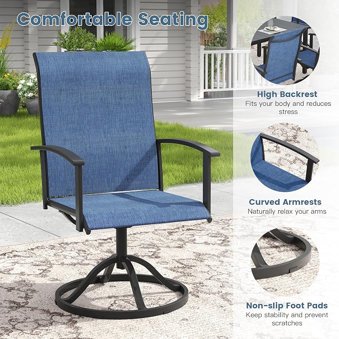 DIFY 5 Pieces Outdoor Dining Set, Metal Patio Table and Chairs Set for 4 with Umbrella Hole, 40.6" Black Round Table and Blue Textilene Swivel Patio Chairs for Garden, Backyard, Poolside