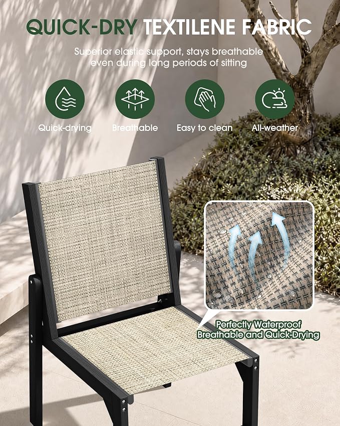 Patio Stackable Chair, HDPE Armless Outdoor Dining Chairs with Wide Seat, All-Weather Textilene Oversized Porch Chair for Garden, Poolside, Backyard, Deck | Black