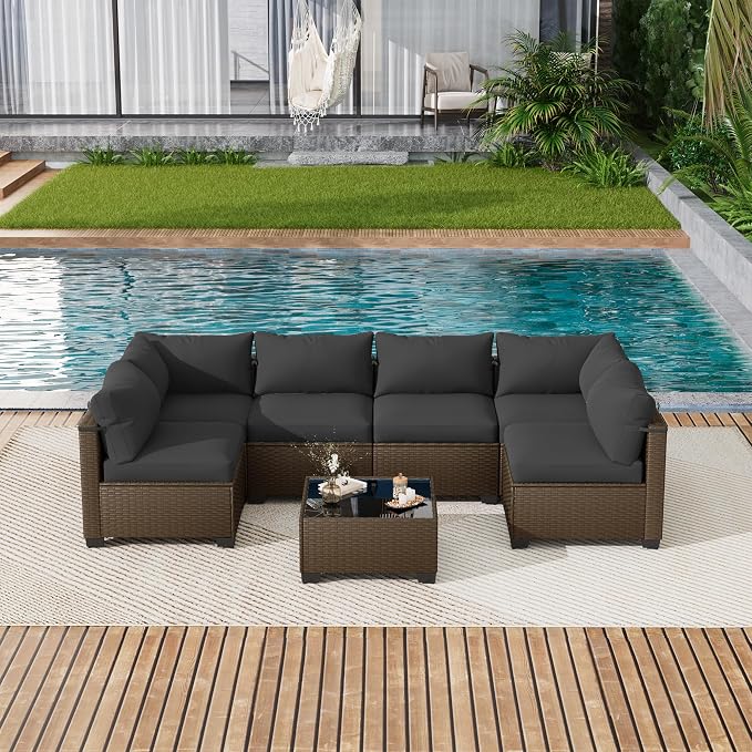 LOUVIXA 7 Piece Outdoor Patio Furniture Set, Outdoor Sectional Sofa, Wicker Rattan Patio Furniture, Patio Conversation Set with Coffee Table & Cushions