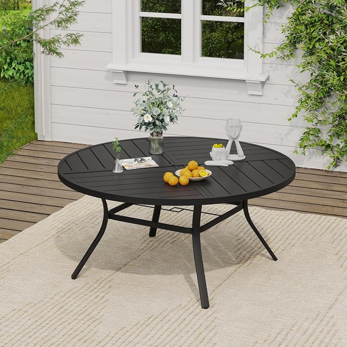 VICLLAX 53" Round Outdoor Table, Patio Dining Table for 8 with Umbrella Hole for Garden Lawn Deck Backyard, Black