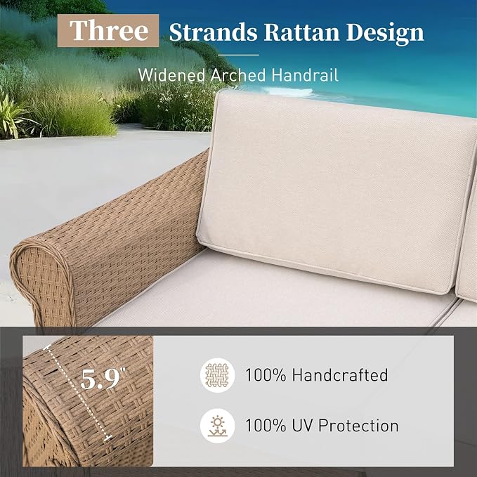 SUNSHINE VALLEY Patio Furniture Set, Wicker Outdoor Furniture Sectional Sofa with Fire Pit Table, 5 Seats Modular Conversation Set with 5.5" Thick Waterproof Cushion for Garden Deck Backyard, Beige