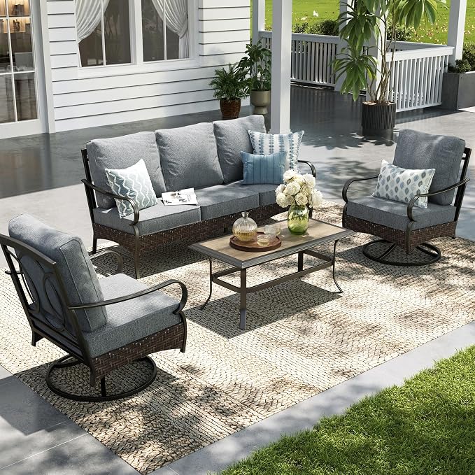 Sophia & William Patio Furniture Set, 4 Piece Metal Outdoor Conversation Set with 3-Seater Outdoor Couch, 2 Swivel Chairs, 1 Coffee Table for Outdoor Seating, Backyard, Porch(Grey)