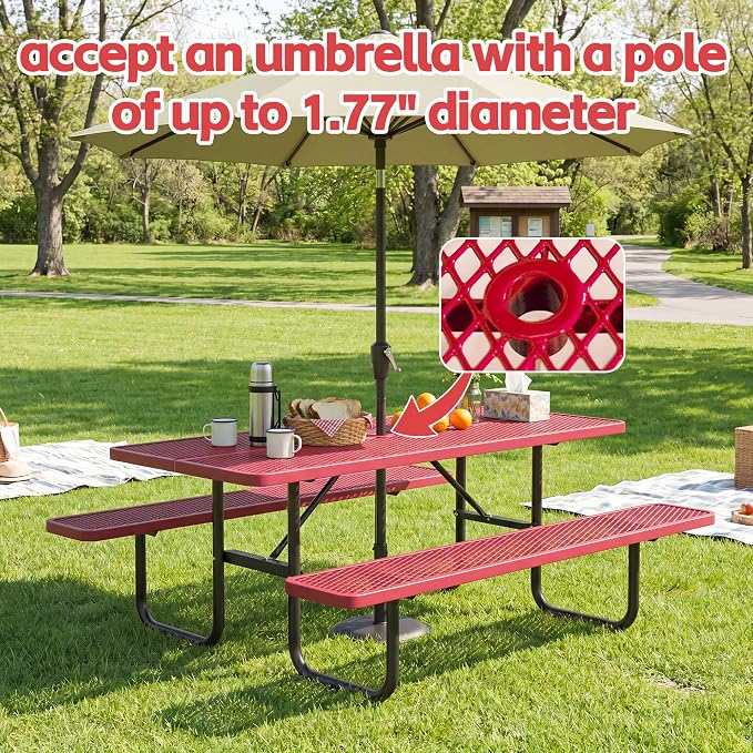 72" Outdoor Rectangular Picnic Table with Umbrella Hole, Heavy Duty Commercial Grade Steel Camping Table for Backyard Patio Deck, Weather-Resistant Red Metal Mesh