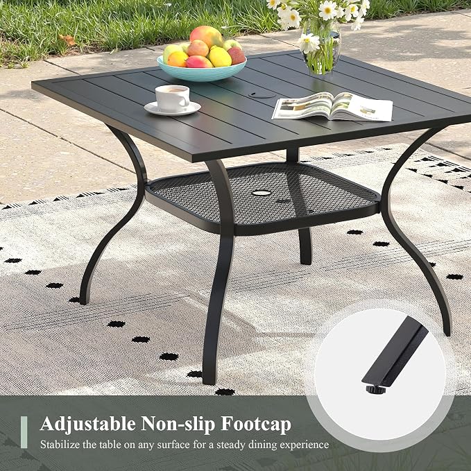 Outdoor Dining Table with Adjustable Umbrella Hole, 37.8" All-Weather Square Patio Dining Table for 4, Metal Patio Table for Garden Lawn Porch Deck Yard, Black