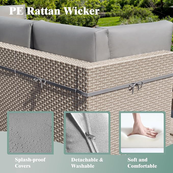 7 Pieces Patio Furniture Set, Outdoor Sectional Wicker Sofa with Thick Cushions and Storage Coffee Table, Rattan Patio Conversation Sets for Deck Yard Poolside, Grey