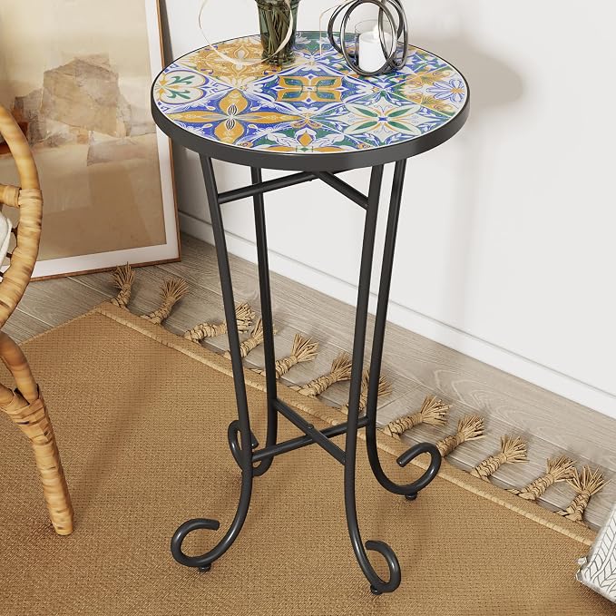 Outdoor Metal Side Table with Ceramic Tile Top Mosaic Patio Side Table and Plant Stand Tables, Round Side Table Iron End Tables for Yard Porch Balcony Garden, Daisy Blue &Yellow