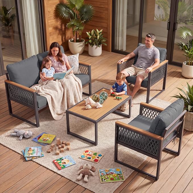 UPHA 4 Pieces Patio Furniture Set, Metal Outdoor Sectional Couch Set with Loveseat Sofa, 2 Chairs, Coffee Table, Modern Patio Conversation Set for Porch Balcony Deck, 4 Seats, Gray