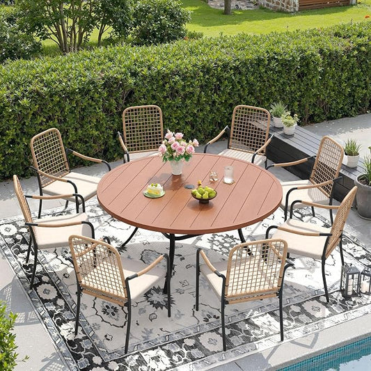 DIFY 9 Pieces Outdoor Dining Set for 8, 53" Round Dining Table with Umbrella Hole & Wicker Stackable Patio Chairs with Cushions, Metal Patio Table and Chairs Set for Backyard Porch Garden, Walnut