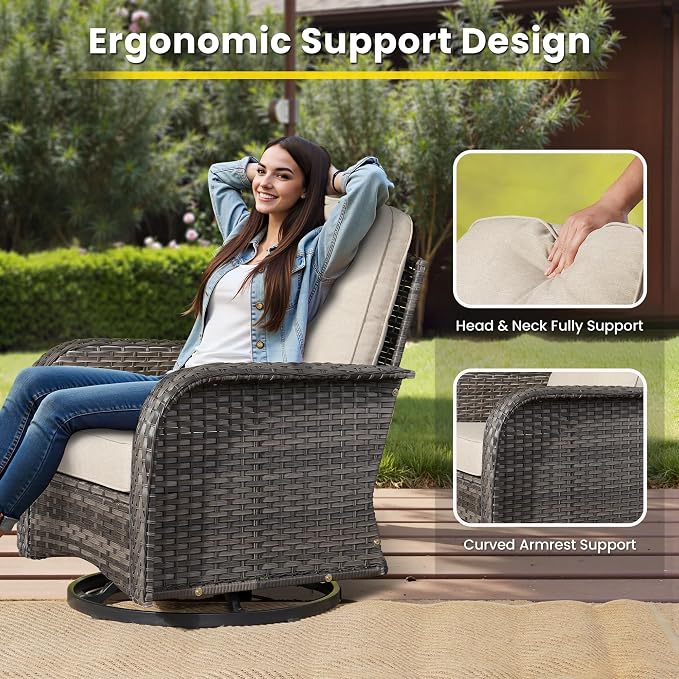 3 Pieces Outdoor Patio Furniture Set, Outdoor Wicker Rocking Patio Chairs Set of 2 with Coffee Table, All Weather Rattan Front Porch Chairs for Backyard, Garden, Poolside, Beige