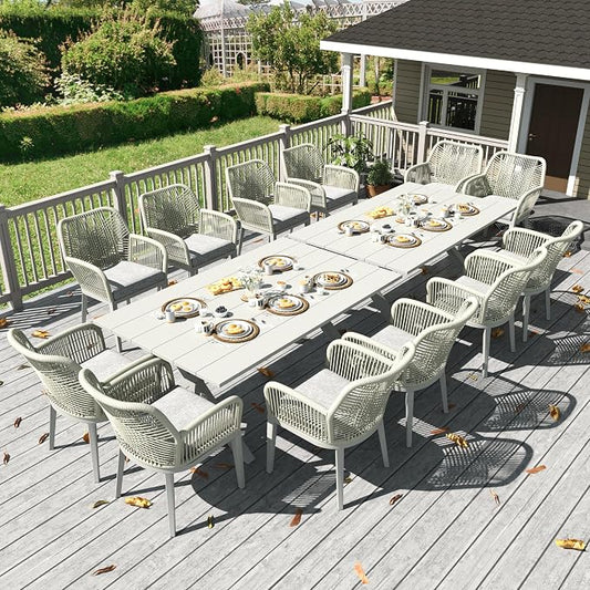 LayinSun Outdoor Dining Set for 12, 14 Pieces Patio Furniture Sets with Aluminum Dining Table and Rope Weave Chairs