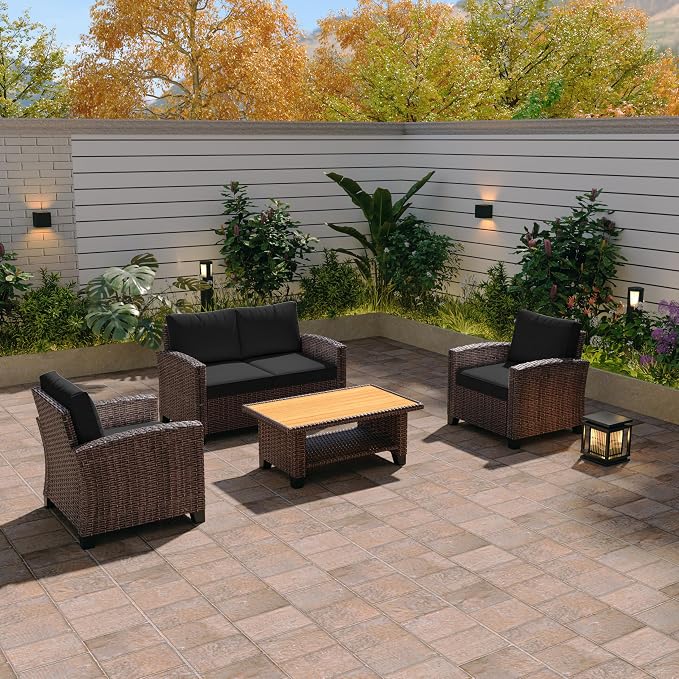 Rattaner Outdoor Wicker Coffee Table, Square Side Table with Wood-Like Tabletop, Brown