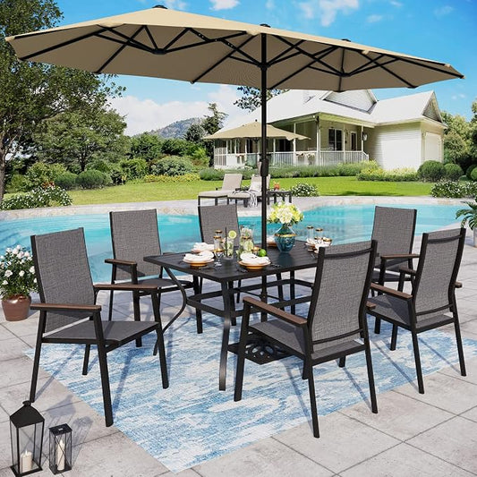 Sophia & William Patio Dining Set for 6 Patio Furniture Set 8 Pieces with 13ft Double-Sided Patio Umbrella Beige, 6 x Aluminum Patio Dining Chairs, 1 Metal Patio Dining Table for Lawn Garden Backyard
