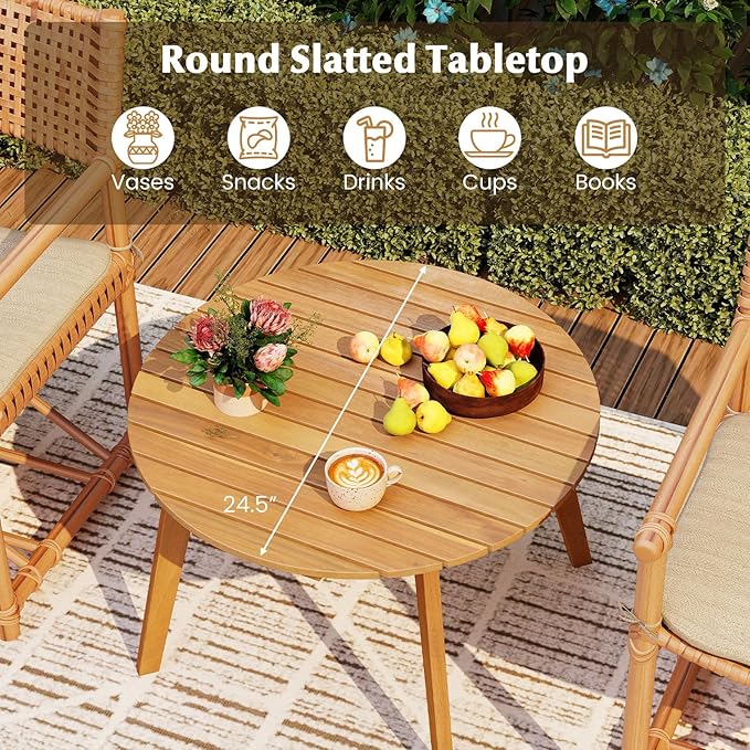 Tangkula Outdoor Side Table, 24.5 Inch Acacia Wood Round Accent Bistro Patio Table with Slatted Tabletop, for Backyard, Balcony, Poolside, Garden (2)