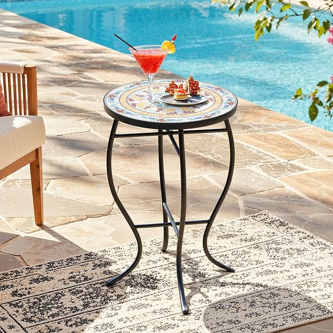 22" Mosaic Side Table, Outdoor Bistro Table Weather Resistant, Iron Plant Stand for Patio, Small Coffee End Table for Balcony Garden Bedroom Living Room, Vintage Mint Green