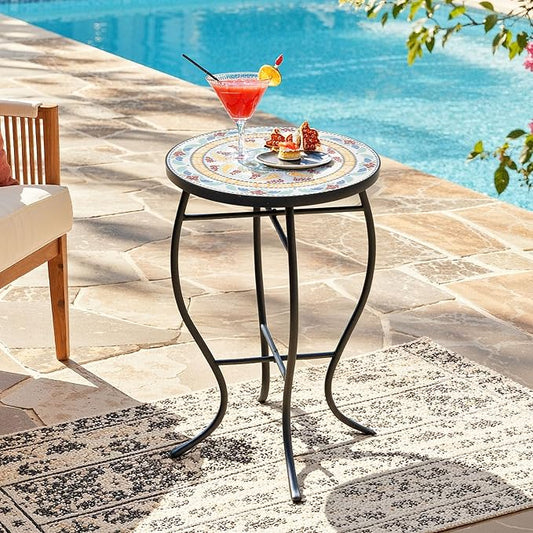 22" H Mosaic Side Table Outdoor, Patio Table Plant Stand, Iron Coffee End Table, Weather Resistant Tile Top Metal Drink Bar Table for Indoor Garden Balcony Yard Bistro