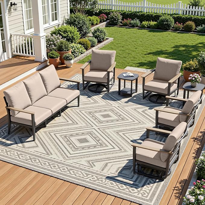 Aluminum Outdoor Patio Furniture Set with Swivel Rocking Chair 7-Seat, Patio Conversation Set Sectional Furniture Set with High Backrest & Thickened Cushions for Backyard, Sand