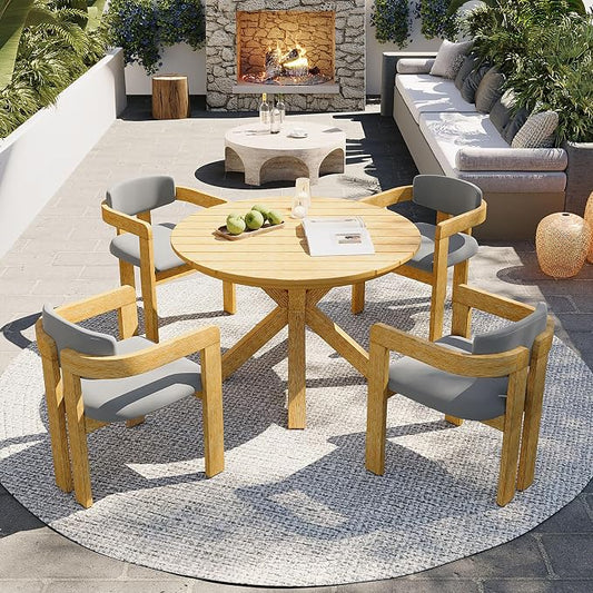 VilroCaz Acacia Wood Outdoor Dining Set for 4, All-Weather Outdoor Round Dining Table and 4 Barrel Chairs & Removable Cushions, 5-Piece Patio Furniture for Backyard Deck Poolside (Gray-ZD)