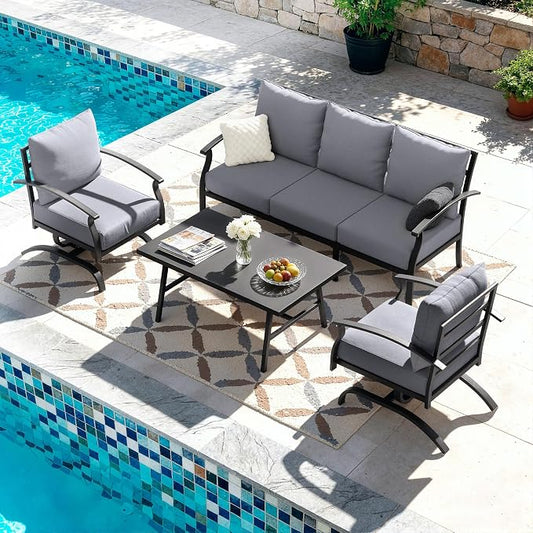 Kullavik Patio Furniture Set,4 Piece Metal Outdoor Patio Furniture Set,All Weather Modern Patio Conversation Sets w/3 Seater Sofa,2 Single Sofas and Coffee Table for Balcony Deck,Grey