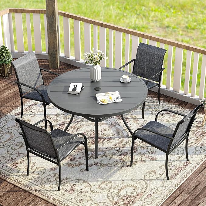 VICLLAX 5 Pieces Patio Dining Set for 4, Outdoor Furniture Set Includes 40.7" Round Patio Table and 4 Patio Stackable Chairs, Grey Tabletop and Grey Fabric