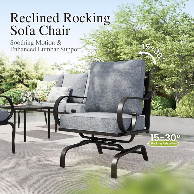 Sophia & William Patio Conversation Set for 5, 3-Seater Sofa, 2 Rocking Chairs and a 45" Fire Pit Table, Metal Outdoor Furniture with 5.75" Extra Thick Cushions, Grey