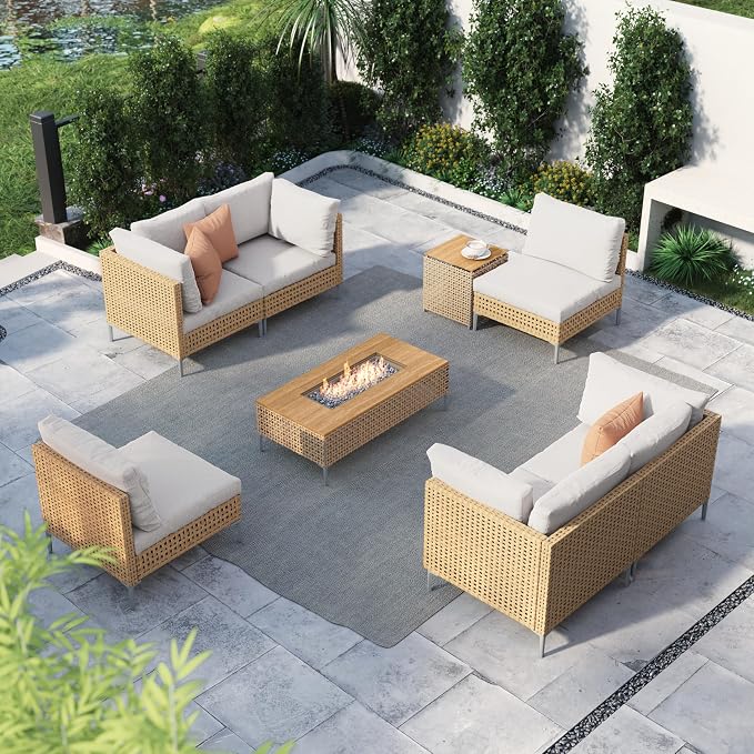 Grand patio 8-Piece Patio Furniture Set with 47" Fire Pit Table, Outdoor Conversation Set & 50,000 BTU 47 Inch Rectangle Propane Fire Pit & Storage Box with Water Resistant Thick Cushions, Cream