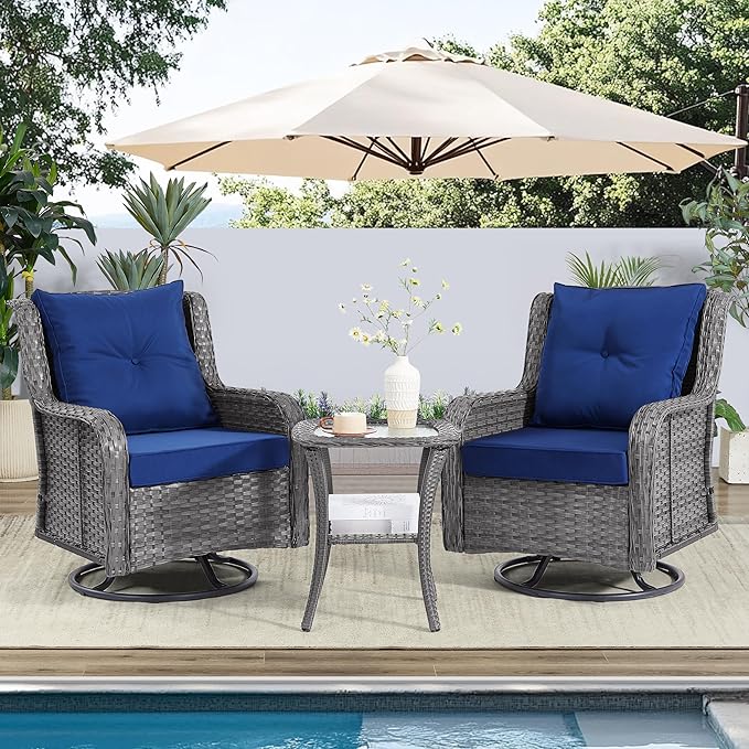 Wumiokio Patio Furniture Sets, 3 Pieces Wicker Outdoor Furniture - 360 Degree Swivel Rocking Chairs and Rattan Side Table for Garden,Porch,Backyard (Grey Wicker/Blue Cushion, 3PCS - Swivel Chairs)
