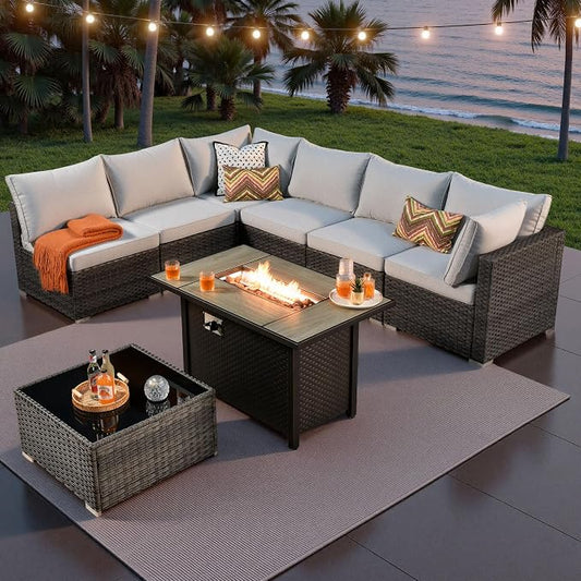 ovios Outdoor 8 Piece Patio Furniture Set with Fire Pit Table,Conversation Sectional Wicker Couch with Coffee Table,Modern Outside Sofa for Balcony Backyard, Grey