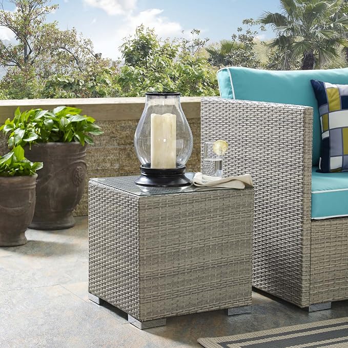 Modway Repose Wicker Rattan Glass Outdoor Patio Side End Table in Light Gray