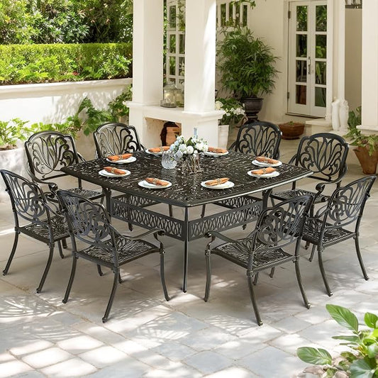 9-Piece Patio Cast Aluminum Dining Set, Outdoor Dining Furniture Set for 8 Person, Includes 64" Large Square Dining Table and 8 Chairs with Umbrella Hole for Patio Deck Garden