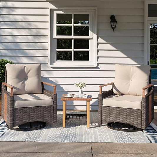 NestNook 3 Pieces Patio Furniture Set, Outdoor Bistro Set, 2 Swivel Glider Chairs with Modern Side Table, All-Weather Handwoven PE Wicker Seating and Thick Cushion for Balcony, Bistro & Porch, Beige