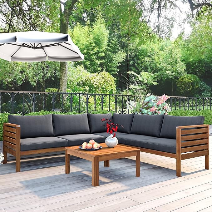 4 Piece Outdoor Patio Sectional Sofa w/Comfort Seat Cushions, All Weather Acacia Wood Patio Sectional Conversation Seat with Plus Coffee Table and Strong Metal Accessories, Water-resistant (Grey+AC)