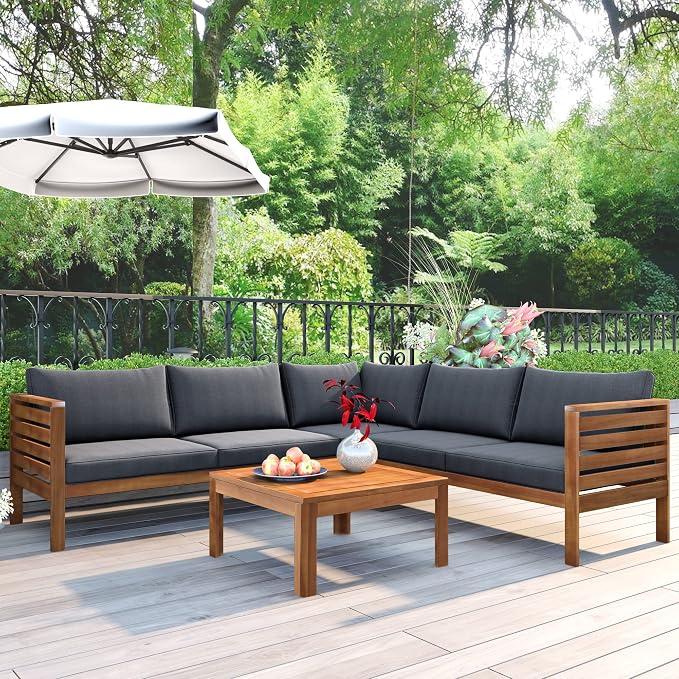 L-Shaped Wood Structure Patio Outdoor Sofa Set with Coffee Table and Cushion, Water Resistant Acacia Wood Sofa for Patio, Lawn, Yard, Pool or Backyard, Gray Cushion