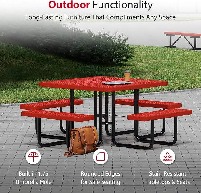 Leisure Craft Metal Picnic Table with Bench - 46" Square Outdoor Dining Table for 8 with Umbrella Hole, Weatherproof Heavy Duty Thermoplastic Coating, Commercial Grade Furniture Made in USA - Red