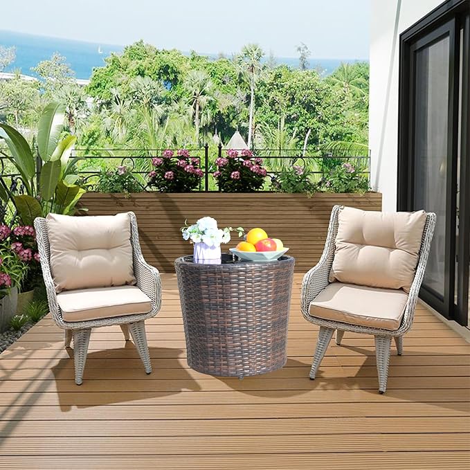 Outdoor Patio PE Rattan Round Coffee Table 17.7" Patio Side Table with Black Tempered Glass Top, Outdoor Wicker End Table for Backyard Deck Balcony, 120 lbs Capacity, Brown